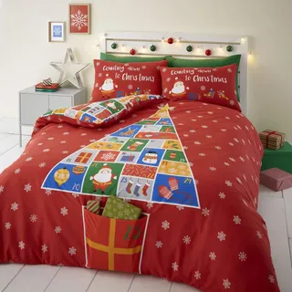 Catherine Lansfield Countdown bis Weihnachten Bettwäsche-Set, Polyester Baumwolle, rot, Doppelbett