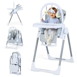 FANTASK Baby Hochstuhl klappbar, Kinderhochstuhl höhenverstellbar mit Liegefunktion, Babystuhl mit verstellbarer Rückenlehne, Spielbügel, Rollen, Hochstuhl für Babys ab 6 Monaten Hellgrau