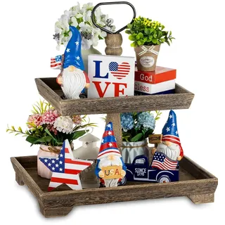 Hanobe Deko Tablett Etagere Holz: Braun Holztablett Groß Rechteckig mit 2 Etagen Bauernhaus Dekotablett - Vintage Shabby Serviertabletts für Home Küche Kaffeeecke