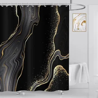 ASDCXZ Marmor Duschvorhang Schwarz Gold 180x200 cm, Modern Abstrakt Schwarz Gold Marmor Optik Textur Waschbar Bad Duschvorhänge Polyester Textil Wasserdicht Duschvorhang für Badewanne mit 12 Hake