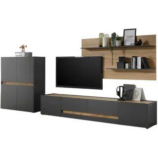 Furn.Design Wohnwand 3-teilig grau matt, Eiche Wotan 343 cm, Schrankwand mit mit XL-TV-Schrank , Grau, Eiche Wotan , Kunststoff , Nachbildung,Eiche , Uni, Holz Optik , 2 Schubladen , 360x180x45 cm , Wohnzimmer, Wohnwände