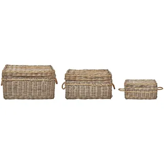 BELIANI Aufbewahrungskorb 3er Set Natürlich Rattan Rechteckig Handgemacht mit Deckeln Griffen Boho-Stil Accessoires Deko Bad Schlafzimmer Wohnzimmer - Beige