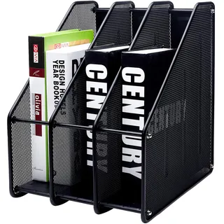 Exerz Zeitschriftensammler/Gitter Metall Dreifach Schreibtisch Ordner Halter - 3 Unterteilungen Dokumente A4 / Aufbewahrung Ordner/Schnellhefter/Organisator/Stehsammler Buchstütze (Schwars)