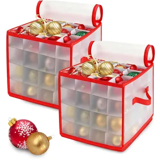 GarveeMore 2er Set Weihnachtsdeko Aufbewahrung, Weihnachtskugel Box Lagert Bis Zu 128 Christbaumkugeln Mit Seitengriff, Tragbare Aufbewahrungsbox Für Christbaumschmuck, Rot