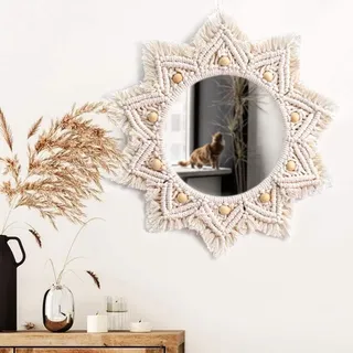 Gokelomg 40CM Boho Makramee Wandspiegel, Rund, Aesthetic Wanddeko Schlafzimmer, Wandbehang Dekorative Wandspiegel für Wohnung Haus Schlafzimmer Wohnzimmer, Flur, Badezimmer