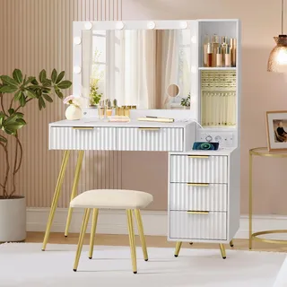 VASAGLE Schminktisch mit Hocker und Spiegel, Frisiertisch mit Schubladen, Kosmetiktisch, 10x Vergrößerungsspiegel, LED-Leuchten, Schmucktablett, Ladestation, 40 x 110 x 135 cm, wolkenweiß RVT020WB01