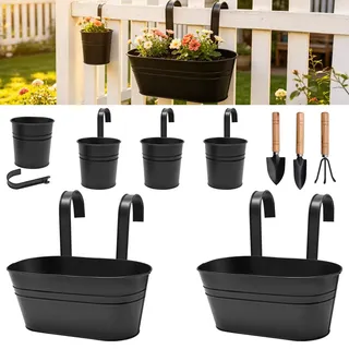 Shocanm 6er Set Balkon Blumenkasten, Metall Balkonkasten für Geländer & Zaun, Blumentopf Hängend mit Halterung, Geländerkasten Pflanzkasten mit 3 Stück Gartengeräte-Set, Pflanztopf für Garten Pflanzer