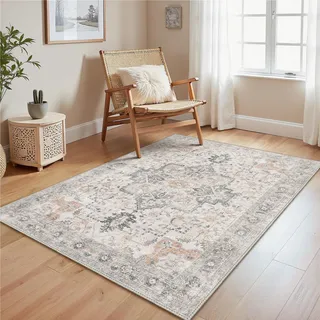 GENIMO Vintage Teppich 120x170cm, Teppiche Wohnzimmer, Waschbare Teppiche, Boho Teppich, Klein Carpet rutschfest, Schlafzimmer, Esszimmer, Büro, Beige