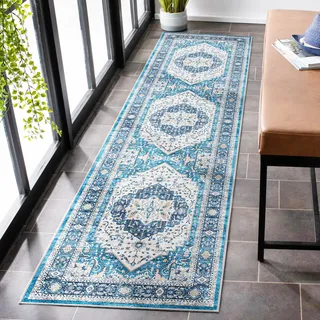 Carvapet Waschbar Läufer Teppich 60x240cm rutschfest Lang Dünner Teppiche Gegend Vintage Medaillon Blau Teppich für Wohnzimmer Schlafzimmer Küche