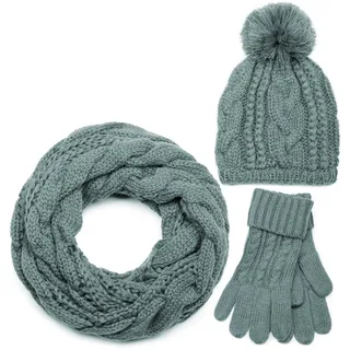 styleBREAKER "Strick Schal, Mütze & Handschuh Set mit Zopfmuster" 3 Stk., grau, loop schlauchschal