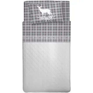 PENSIERI DELICATI Bettwäsche Set Einzelbett 100% Baumwolle, Einzelbett Max 120x200 Inklusive Bodenblech, Deckblatt und 1 Kissenbezug, Made in Italy, Tartan Hirsche Grau Fantasie
