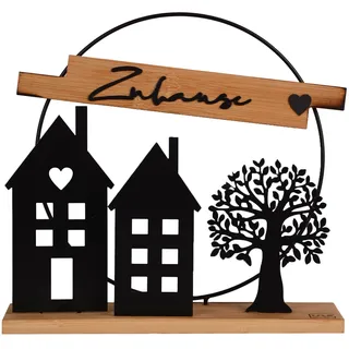 UNUS Aufsteller Deko-Schild Zuhause,Bambus und Metall, schwarz, Filigranes Design mit Häusern und Baum, Ganzjährige Dekoration für Wohnzimmer & Eingangsbereich