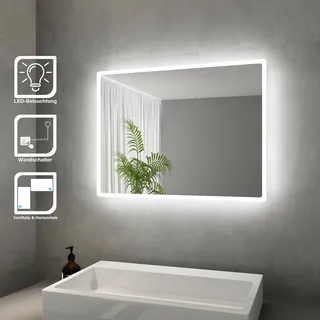 SONNI Badspiegel mit LED Beleuchtung energiesparend IP44 Kupfer/bleifreie Spiegel Mattiertes Lichtband(Ränder) Wandspiegel 80 x 60cm - Silber