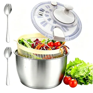 5L Salatschleuder Edelstahl Groß,2 In 1 304 Salad Spinner mit Deckel | Hochwertige Salatschleudern Kurbelantrieb mit Rutschfestem Boden & Wasserauslass, Salat Trockner für Frische Salate & GemüSe