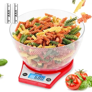 Duronic KS6000 RD Digitale Küchenwaage | Ultradünne Küchenwaage rot mit digitalen Display hintergrundbeleuchtet |1 g - 5 kg Kapazität mit 2 L Schüssel