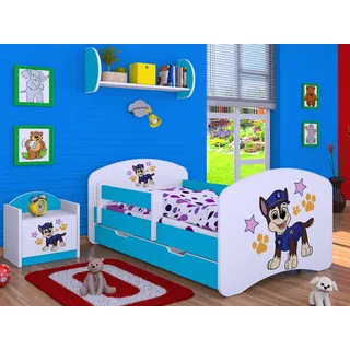 1x Happy Babies Kinderbett mit Rausfallschutz Junge 160x80 Bett für Kinderzimmer mit Schublade Matratze Einzelbett für Kinder Weiß Blau Hundemotiv - Blau