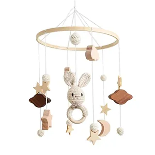 Babybett Mobile Baby Windspiel, Wolken und Kleiner Hase Hängende, Holz Mobile Baby Kinderzimmer Hängende Bettglocke, Geschenk für Baby Mädchen oder Jungen, Rassel Spielzeug (B)