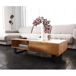 DELIFE Couchtisch New Live-Edge 115x60 cm Akazie Natur 2 Schubladen 1 Fach Kufe Metall Schwarz - Hellbraun, Braun