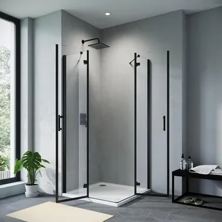 Sonni Eckeinstieg Duschkabine 90x90 cm 6mm Nano Esg-Glas Schwarzes Dusche 195cm HöHe Mit PendeltüRen Scharniertür Duschabtrennung Ohne Rahmen
