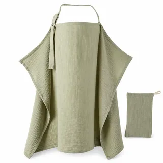 Dimoxii Musselin-Stillbezug und Stillschürze aus Baumwolle, Atmungsaktiver Nursing Cover mit Verstellbarem Bügel und Tasche, Stilltuch Stillschal Breastfeeding Cover für unterwegs (Matchagrün)