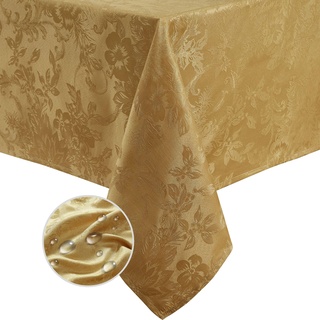 Elrene Home Fashions Poinsettia Elegance Jacquard Holiday Tablecloth, 60" x 102", Gold