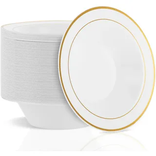 AKOLAFE 40 Stück Weiße Plastikschalen mit Goldrand Suppenschalen Plastik Suppenteller 350ml Suppenschalen Mehrweg Suppenschüssel Kunststoff für Partys, Hochzeit, Geburtstag, Weihnachten, Ostern