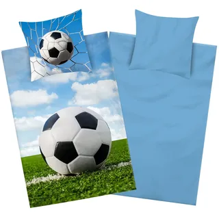 Aminata kids - Biber Bettwäsche 135x200 Jungen Fussball-Motiv Junge, Jungen, Jungs, Teenies & Jugendliche - Baumwolle, Biber-Kinder-Bettwäsche-Set Flanell grün blau - warm, weich & kuschelig