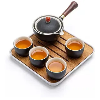 Scizorito Keramik Portable Travel Tee Set, chinesischer Kungfu Tee Set mit 360-Rotation Teekanne und Infuser, 4-Teetassen, Tee Tablett und Reisetasche (Schwarz)