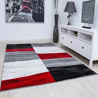VIMODA Teppich Geometrisches Kachel Muster Meliert kariert in Rot Grau Weiß und Schwarz, Maße:80x250 cm