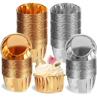 100 StückCupcake Muffin Förmchen, Weihnachtsfeier Partys Muffinform,Förmchen aus Aluminiumfolie, Einweg-Backbecher fürGeburtstag, Hochzeit, Weihnachtsfeier Partys Muffinform .(Gold und Silber)