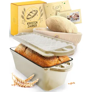 KRUSTENZAUBER Emaille Brotbackfrom mit Deckel inkl. Gärkorb - Robuste 28cm Backform aus Gusseisen - Ideal als Kastenform, Toastbrot Backform, Brotform, Gusseisen Topf Brot backen Zubehör, Brottopf