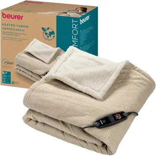 Beurer HD 80 Cord beige Heizdecke, kuschelige Wärmedecke mit 6 Temperaturstufen, recycelte Materialien, mit Abschaltautomatik und Sicherheitssystem, Kuscheldecke aus trendigem, weichem Cord-Stoff