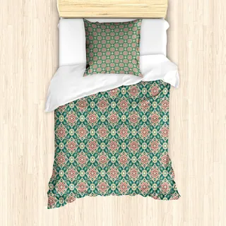 ABAKUHAUS orientalisch Mantele, Mosaik Röschen Chevron, Milbensicher Allergiker geeignet mit Kissenbezügen, 135 cm x 200 cm - 80 x 80 cm, Forest Green Pale Pink - Rosa