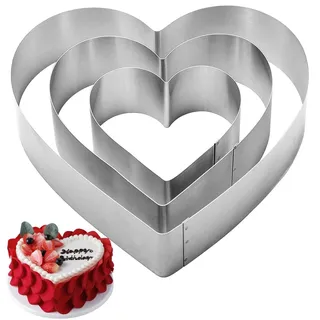 QEEYON Herzbackform, 3-teiliges Set Herz-Tortenring Kuchenform Edelstahl Tortenring Biskuitherz Herz Form Backrahmen für Tortendeko Kekse Back Zubehör Schichtkuchen Kuchen Urlaubs Party