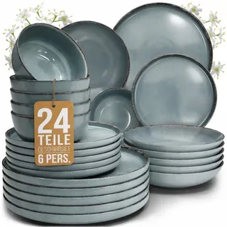 Steingut Geschirrset 6 Personen Rustic 24 tlg. TESTSIEGER, Hochwertiges Landhaussttil Steingut Geschirr Set, Schüssel- und Teller Set, Tafelservice 6 Personen, Geschirrsets Pure Living in Rauchblau