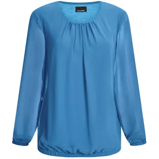 Klassische Bluse GOLDNER "Kurzgröße Jerseybluse mit Falten-Details", Damen, Gr. 19, blau, Obermaterial: 67% Polyester PES. 30% Viskose CV. 3% Elasthan EL., Modisch, Blusen Klassische Bluse, Rundhalsausschnitt