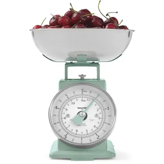 SALTER Mechanische Küchenwaage, 1L Spülmaschinenfeste Schüssel, Klassisches Design, Großer, Gut Ablesbarer Ziffernblatt, Ideal für Backen und Kochen, Salbei-Grün, Präzisionswaage, 5 kg Kapazität,