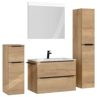 Nobilia Badezimmer , Schwarz, Eichefarben , Metall , 5-teilig , 5 Fächer , 3,2 Schubladen , F , 141 cm , Goldenes M, Made in Germany , Griffeauswahl, hängend, Zusatzausstattung erhältlich, Typenvielfalt , Badezimmer, Badmöbelsets & Badmöbelserien, Badmöbel-Sets