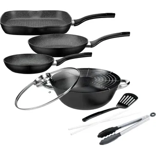 GSW Topf-Set »Gourmet Granit«, Gusseisen, (Set, 6 tlg., 1x Bratpfanne Ø 20/24 cm, 1x Grillpfanne 28 x 28 cm, 1x Wok Ø 32 cm), Induktion GSW schwarz