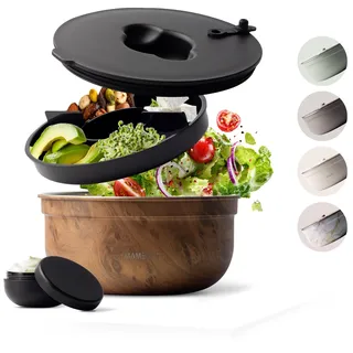 MAMEIDO Salatbox to go 1,5 l, Bowl Lunchbox Erwachsene aus Edelstahl, Bento Box BPA-frei mit Fächern & auslaufsicherem Dressingbehälter, Essensbox Meal Prep (Oak Wood)