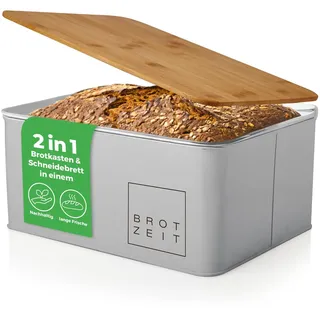 Lumaland Cuisine Brotkasten | Brotdose aus Metall mit Bambus Deckel | Brotbox rechteckig 30,5 x 23,5 x 14 cm | 2in1 Brotbehälter & Schneidebrett [Hellgrau]