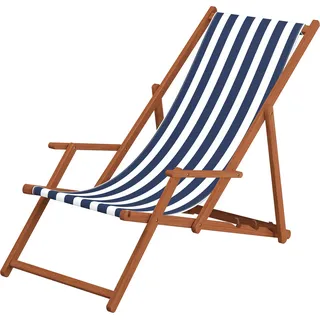 Gartenliege blau-weiß Liegestuhl Sonnenliege Strandstuhl Deckchair Buche dunkel klappbar 10-317 - Blau