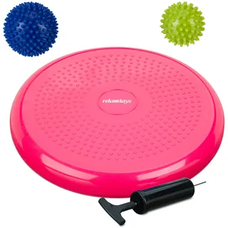 Relaxdays Balance Kissen, 2 Massagebälle, Ø 32 cm, bis 140 kg, ergonomisches Wackelkissen mit Noppen, Luftpumpe, pink