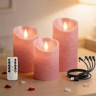 RosMank 3er Set LED-Kerzen, mit 10-Tasten-Fernbedienung, Flammenlos, aus Echtem Wachs, mit Flackernder Flamme, Dekoration für Weihnachten, Geburtstag, Hochzeit und Party, Rosa
