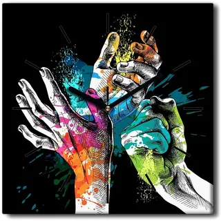 Coloray Uhr auf Leinwand 30x30 cm Wand Uhr Dekoration Wohnzimmer Segeltuch schwarze Hände -Festival. Poster. Kunst - Bunt
