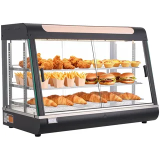 Vevor 3-stöckige Wärmetheke 130 L, Warmhaltevitrine 1400 W, Warmhaltetheke 30–85 °C, Speisenwärmer mit LED-Beleuchtung & Verstellbaren Ablagen, Speisevitrine für Hamburger Pizza Brot Brathähnchen