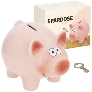 MIJOMA Spardose Schwein mit Schloss – niedliche Keramik Sparbüchse aus Dolomit, Hellrosa – mit Schlüssel, 16x11,5x11 cm – Geldgeschenkverpackung Sparschwein