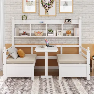 Ball & Cast Multifunktionales Massivholz Schlafsofa 200x90 cm, 2-in-1 Bett und Schreibtisch, Frei Umbaubar, Mit Bücherregal Zur Aufbewahrung, Mit Bequemen Kissen, Gästebett Einzelholzbett, Weiß