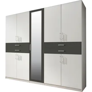 Kleiderschrank WIMEX "Taiga Kleiderschrank mit Spiegel Topseller", weiß (weiß, graphit), B:225cm H:210cm T:58cm, Holzwerkstoff, Schränke, Kleiderschrank, mit Schubladen auf bequemer Höhe