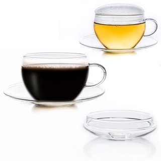 Creano 2er-Set Glas-Tasse mit Untertasse & Deckel, praktisch für ErblühTeelini, exqusiTea, Cappuccino, Latte Macchiato | 200ml